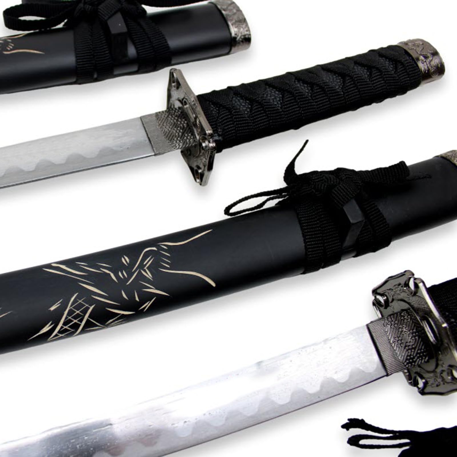 Set de katanas samurái Dragón Negro, juego de 3 espadas acero 1095 52/75/100 cm, entrenamiento y colección