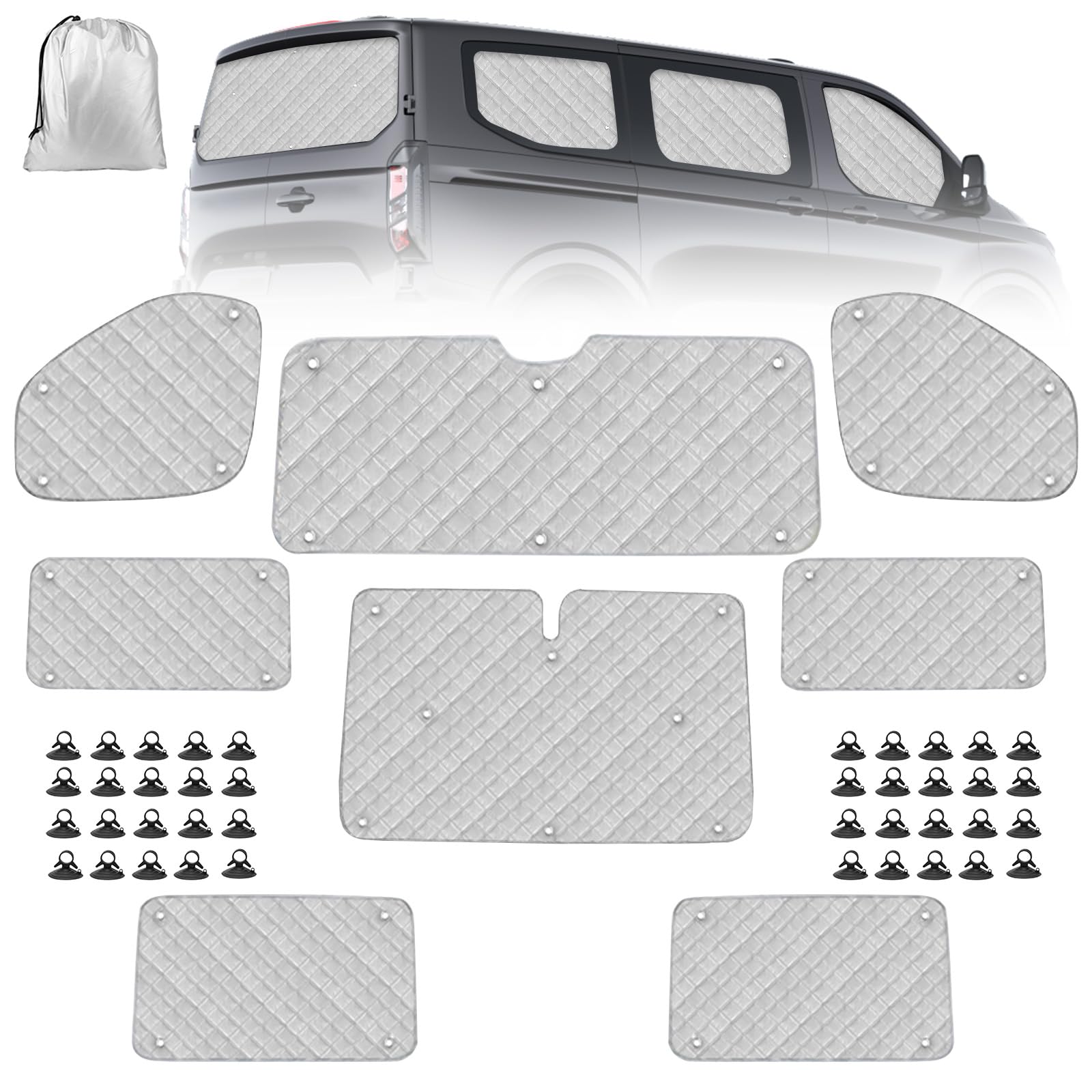 Parasol para Parabrisas Compatible con Ford Transit Custom SWB 2012-2022, 8 Piezas Protector de Parabrisas, Juego de Parasol Térmico Interno con Bolsa de Almacenamiento, 100% Oclusión | Juego de 8 protectores térmicos opacos para parabrisas, persianas tér