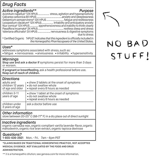 Miniatura 5 de Genexa Alivio del estrés - 60 tabletas - Remedio para aliviar el estrés y la fatiga - Certificado orgánico, sin gluten y sin OMG - Remedios