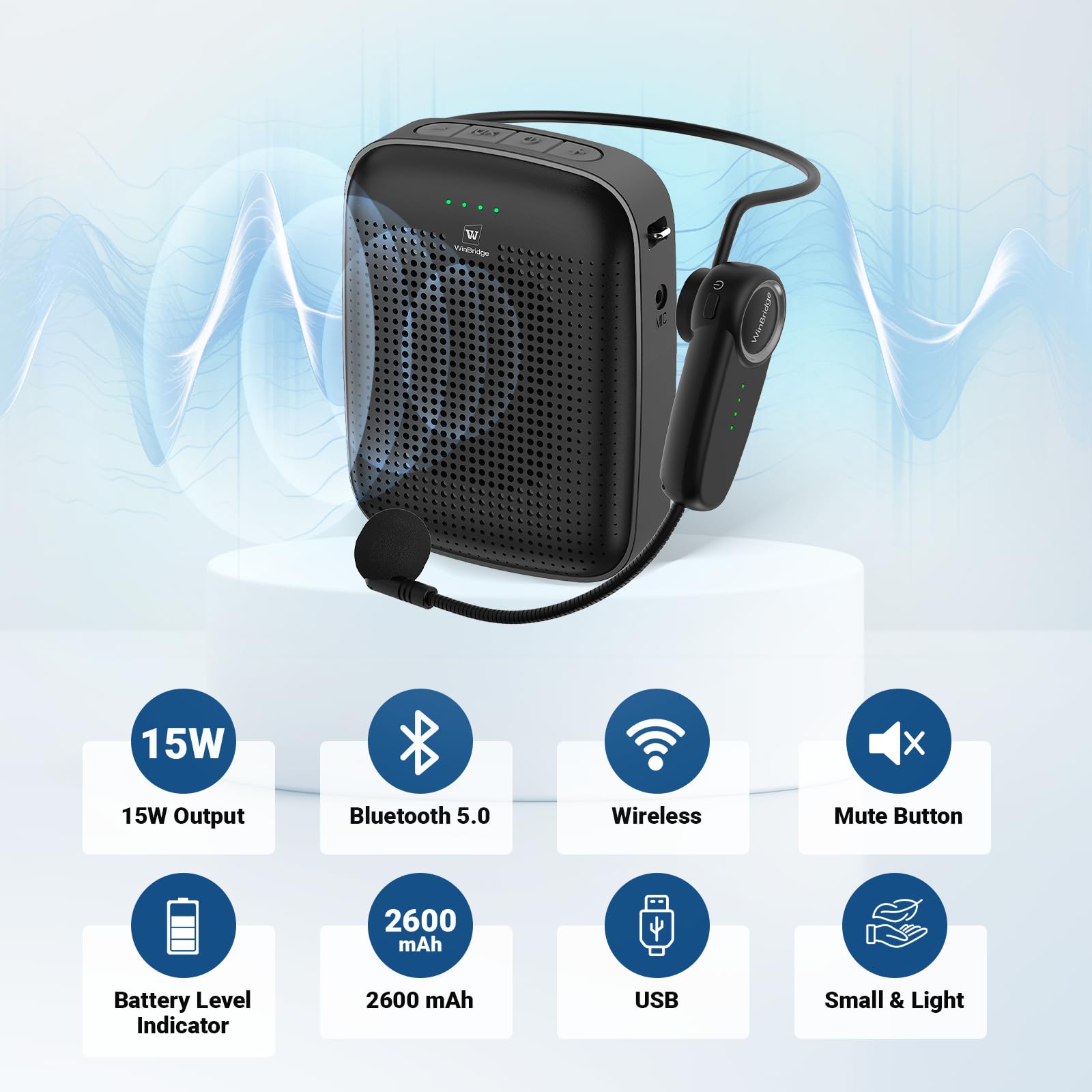 Amplificador de Voz Bluetooth Inalámbrico para Profesores, Altavoz Portátil Mini de 15 W con Micrófono Inalámbrico y Auricular, Micrófono Personal para Aula, Enseñanza, Formación y Presentaciones