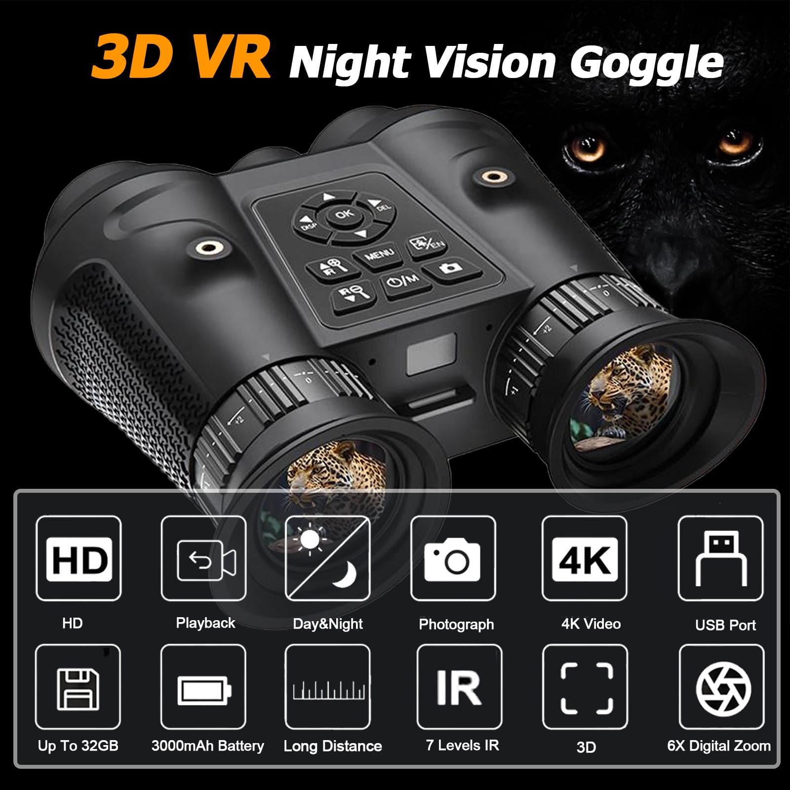 Gogle noktowizyjne montowane na głowie, 3D VR lornetka noktowizyjna dla dorosłych, 6X cyfrowa noktowizja, 7-biegowy noktowizor na podczerwień, FHD 4K Video do polowań i nadzoru