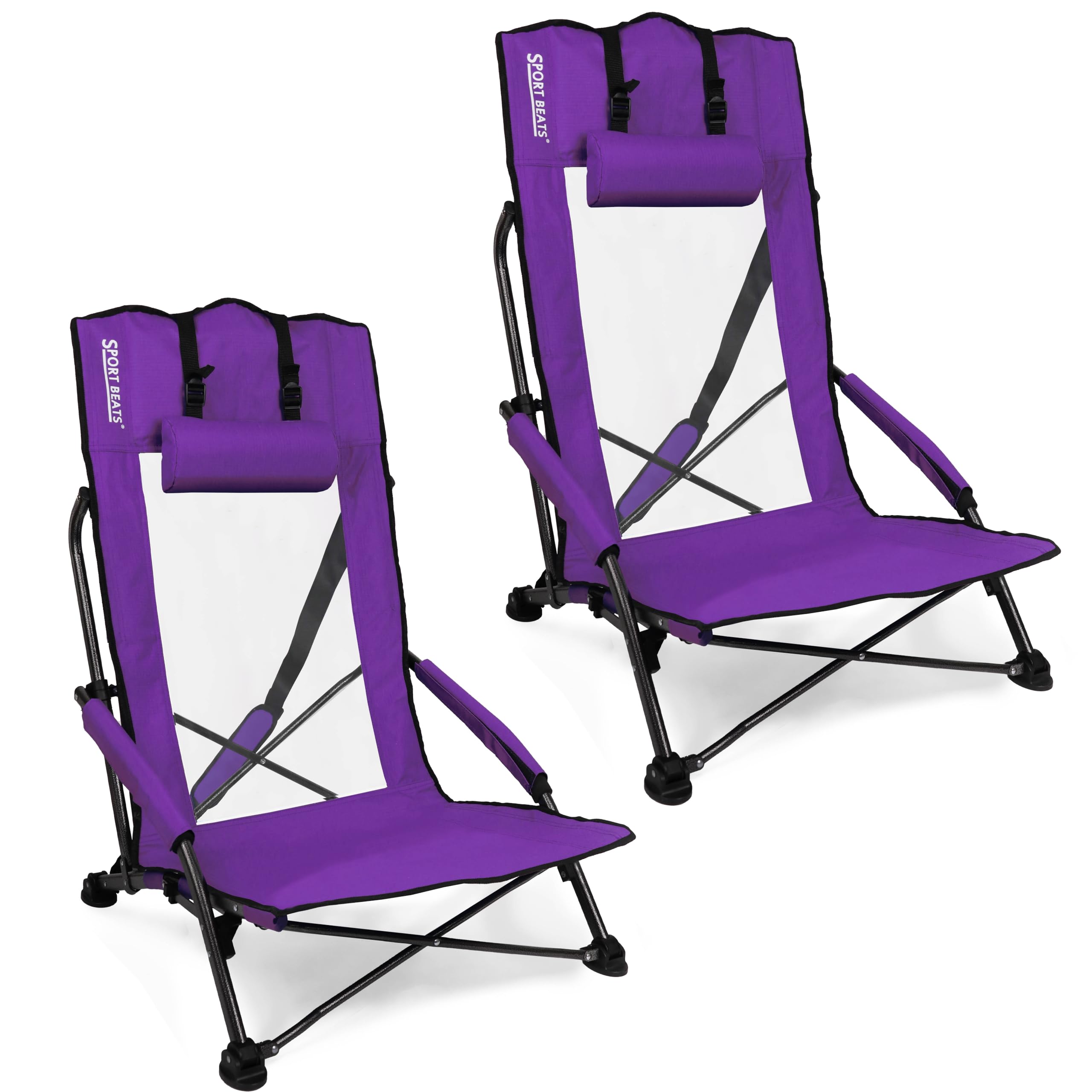 High Back Low Profile Beach Chairs 2 Pack - Extra Wide 22.5" Folding Backpack Sand Chair with Headrest, Ergonomic Seat & Breathable Mesh - Heavy Duty
