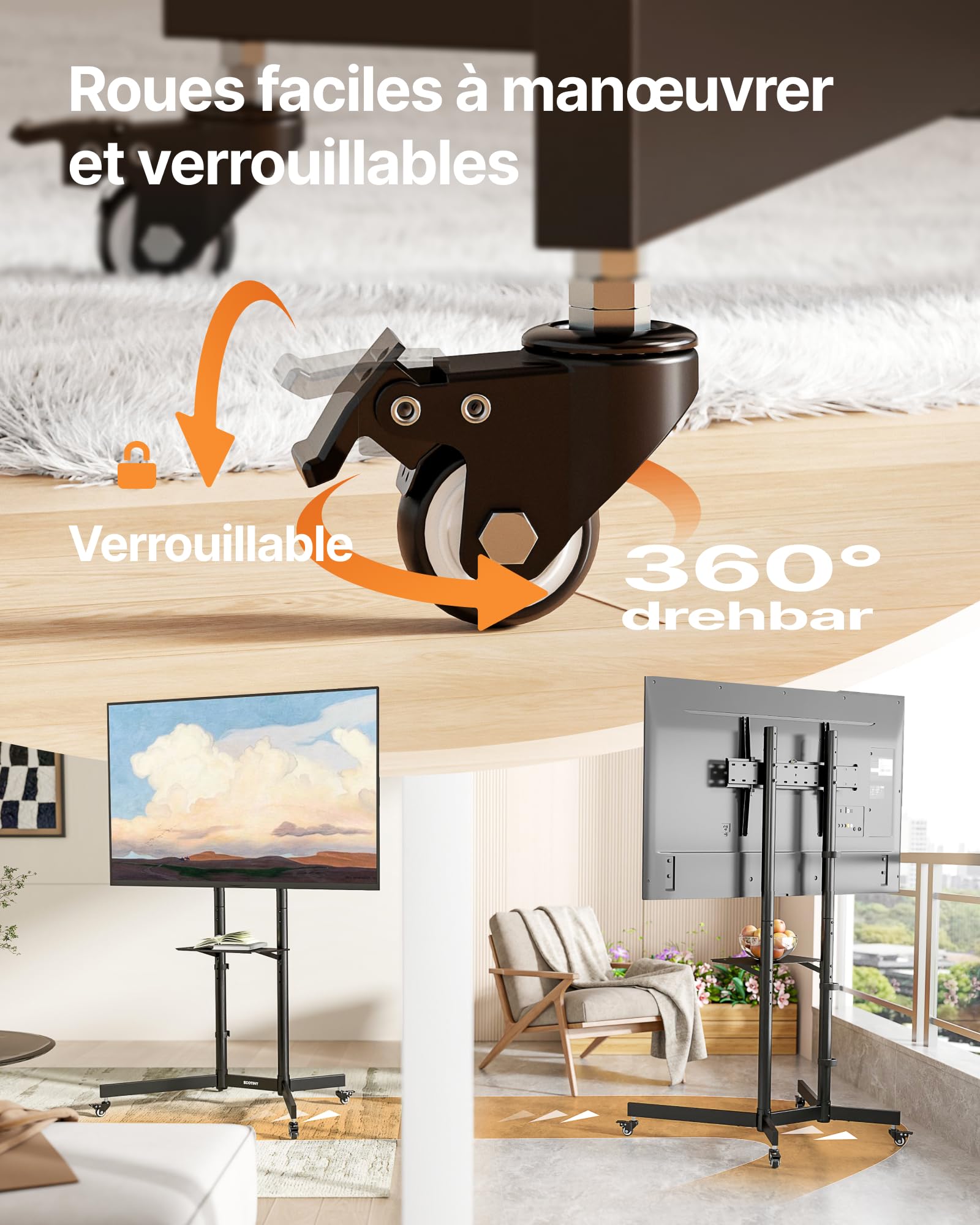 Support TV sur roulettes pour téléviseur de 32 à 85" jusqu'à 70 kg - avec roulettes et Tablette - Hauteur réglable - VESA Maximum 600 x 400 mm