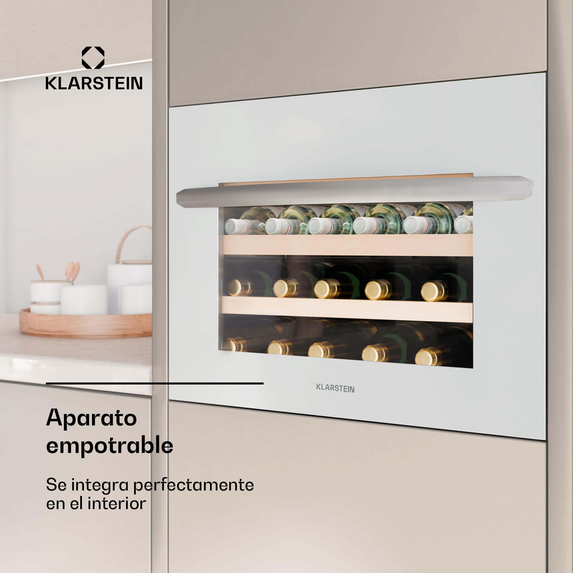 Klarstein Vinsider 24 Uno Vinoteca Integrable - 24 Botellas, 1 Zona, 5-20°C, LED, Protección UV, Silenciosa, Nevera para Vinos, Estantes de Madera, Puerta de Cristal Blanca