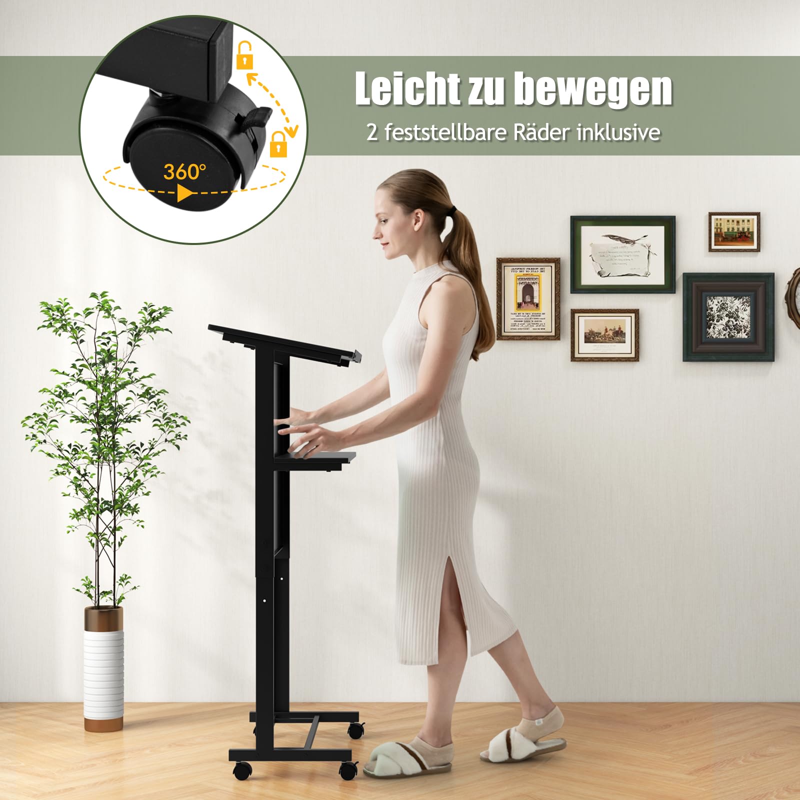 GYMAX Stehpult, Rednerpult mit 4 Rollen, höhenverstellbar Schreibtisch mit stabilem Metallrahmen, Ablagefläche & Kabelloch, Laptoptisch, mobiler Stehtisch für Büro & Zuhause, 60 x 40 cm, Schwarz