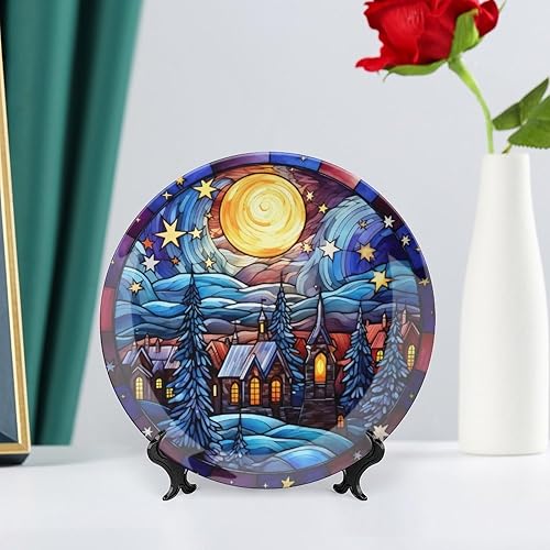 Miniatura 6 de Winter Village - Platos decorativos de noche de luna para decoración del hogar, platos de cerámica con diseño de vitrales para sala de estar,