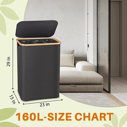 Miniatura 7 de Cesta de lavandería con tapa, cesta de ropa sucia de 160 L para cesta de ropa sucia de 3 secciones, cesta clasificadora de ropa sucia extragrande, 3