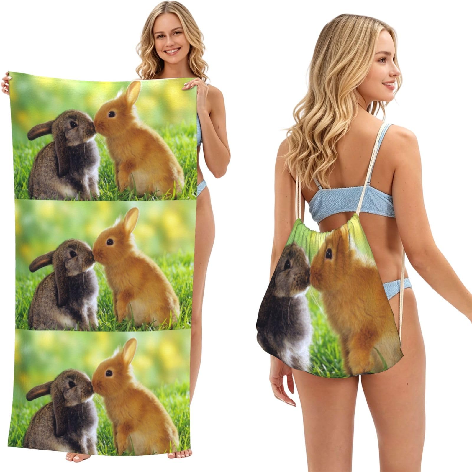 Poadnly As Picture Rabbit Love Printed, 2 In 1 Packable Towel Bag, Beach Towels With Drawstring Backpack For Travel Holiday Camping