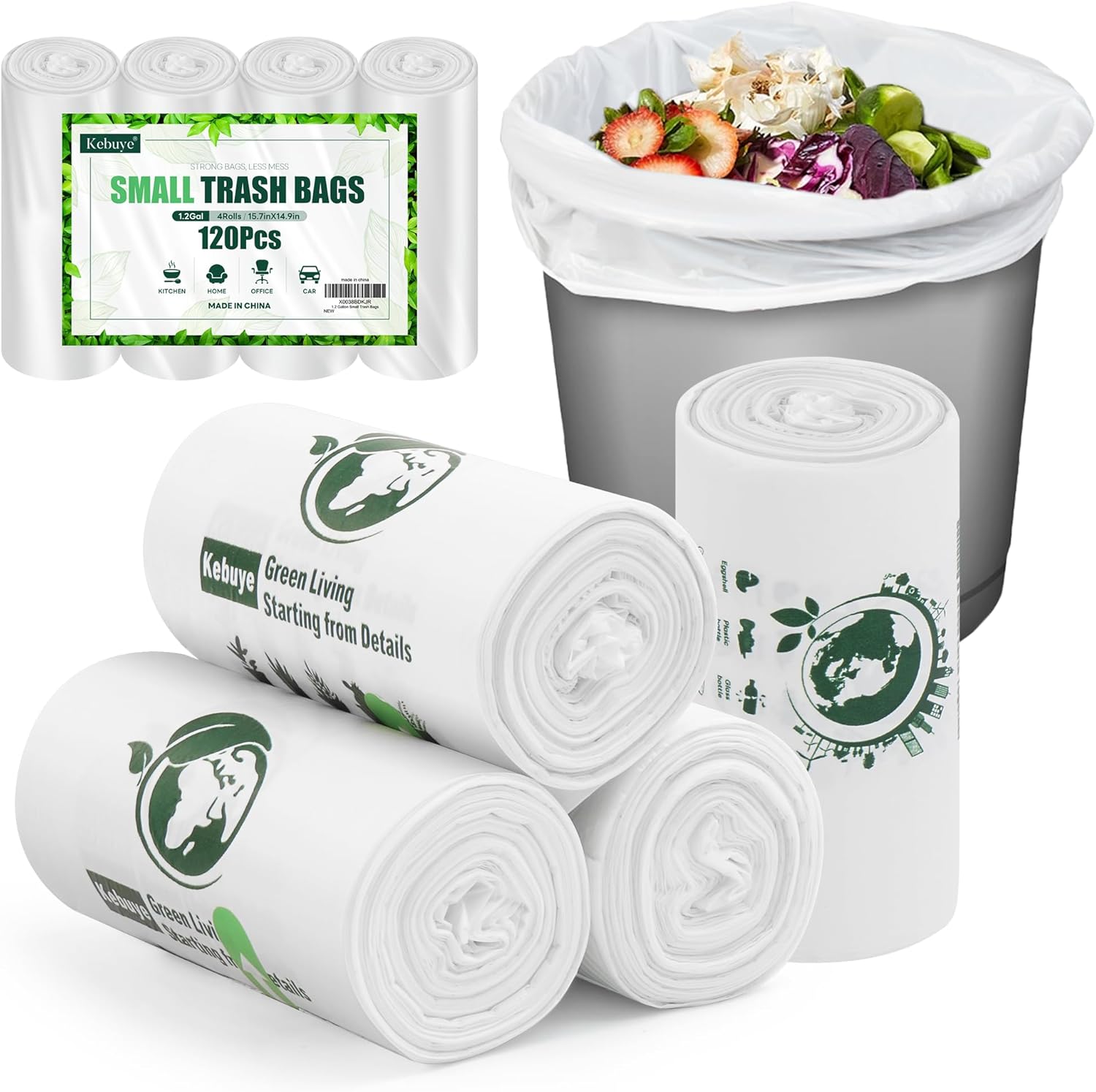 Small Trash Bags 1.2 Gallon, Biodegradable Gallon Waste Bag, Mini Compostable Strong Bathroom Wastebasket Can Liners Garbage Bags for Home Office Kitchen Fit 5 Liter 5L, 1 Gal, White