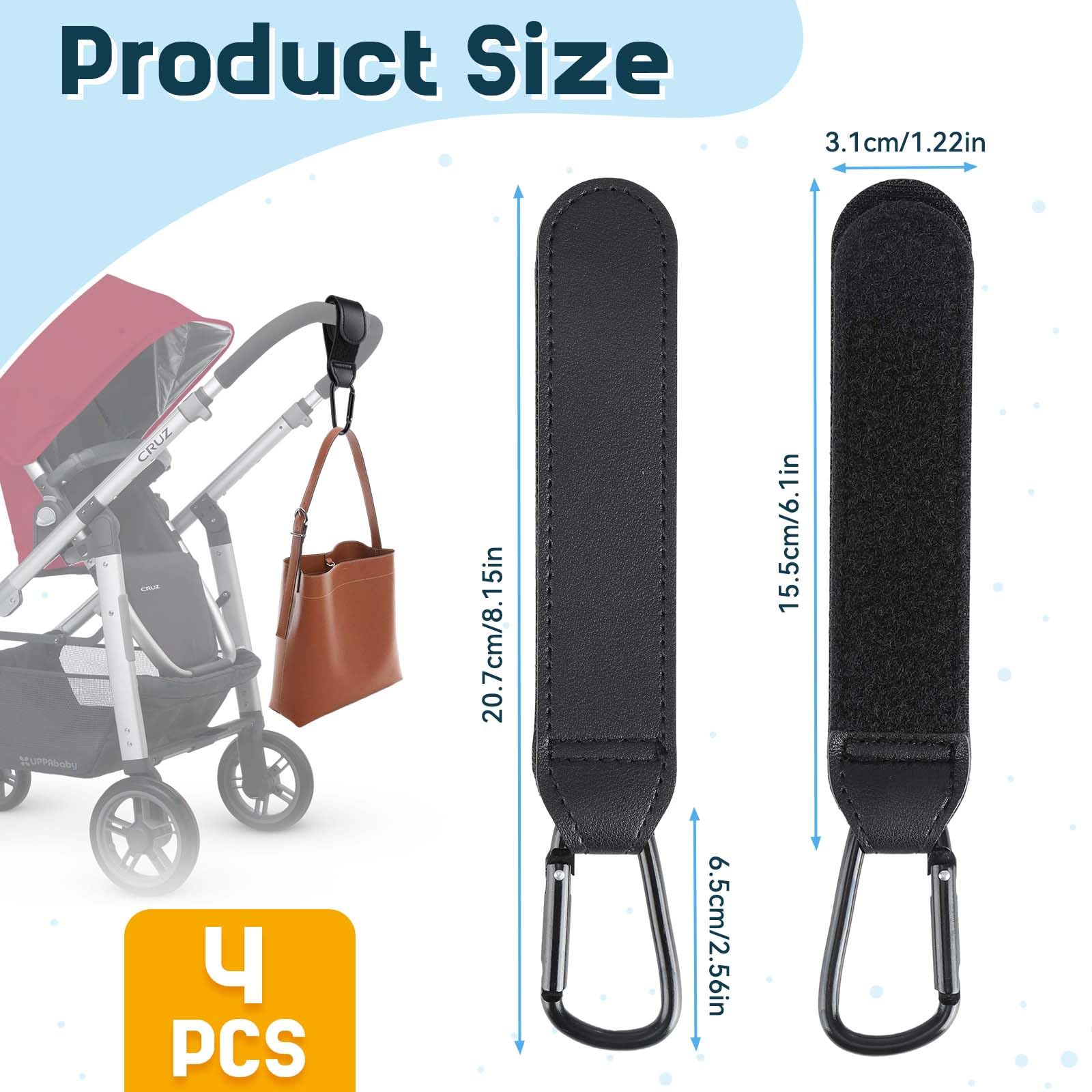 Kinderwagenhaken aus Leder, Universal-Karabiner, Klettverschluss, 4 Stück, schwarz