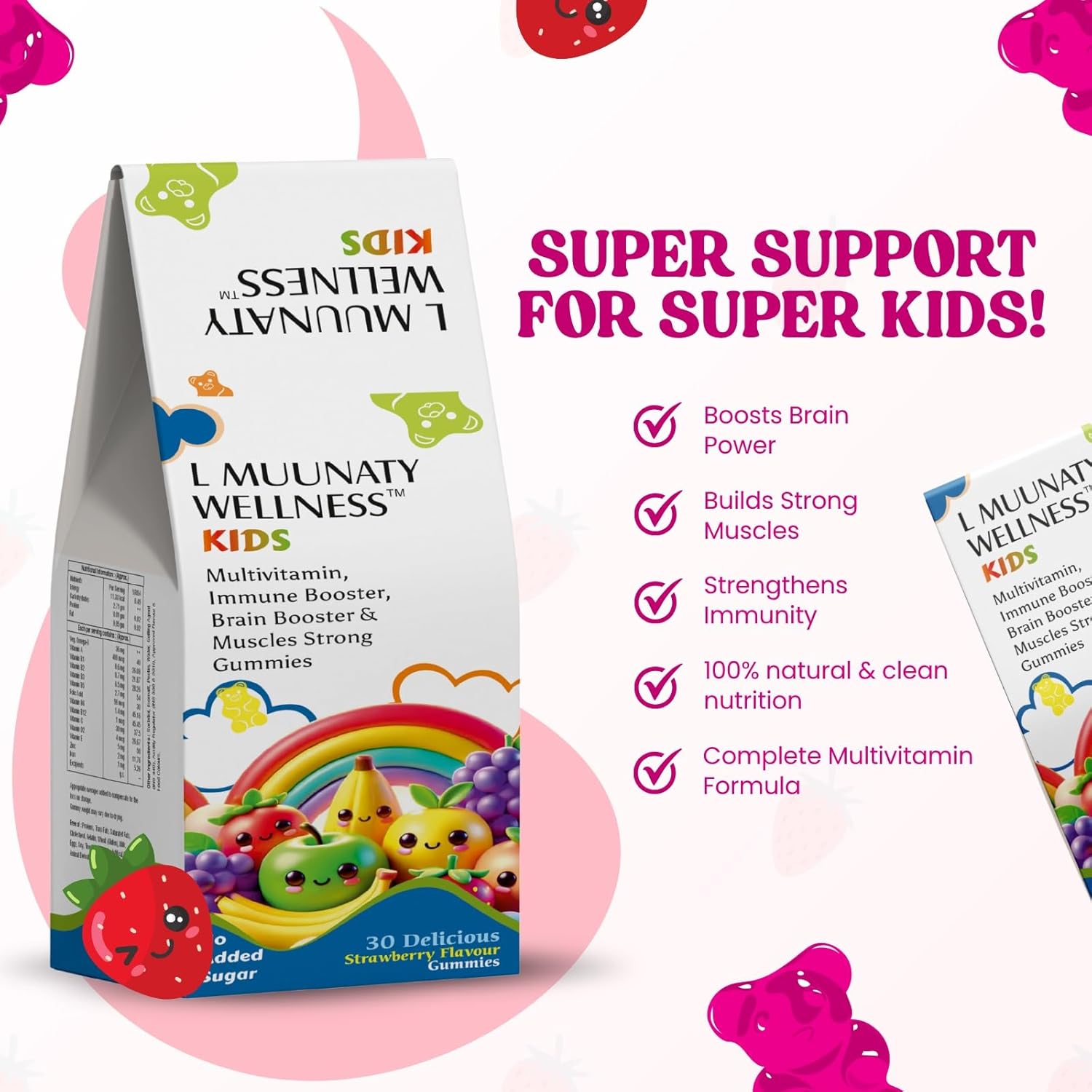 Children chewable multivitamin gums - Strawberry Flavor - 30 Gums - Daily Wellness Support for Children - Immunity, Bone Health, Vision and Growth Supports - With Essential Vitamins and Minerals Children chewable multivitamin gums - Strawberry Flavor - 30 Gums - Daily Wellness Support for Children - Immunity, Bone Health, Vision and Growth Supports - With Essential Vitamins and Minerals