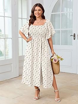 SHESTARR Women's Plus Size Dress Short Sleeve Square Neck Smocked