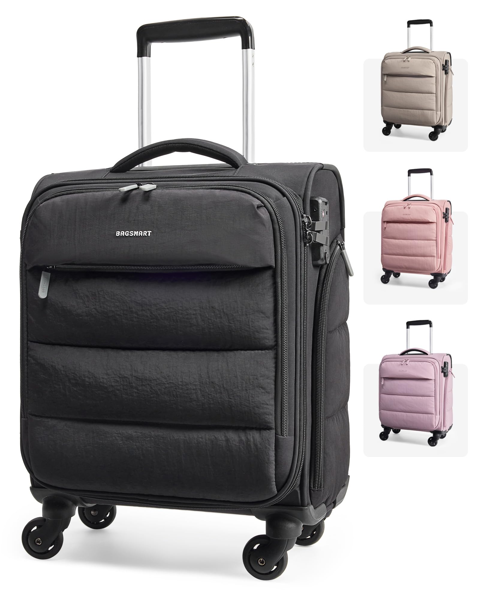 Underseat Carry on Luggage with Wheels, Soft Small Travel Luggage with PVC Wet/Dry Pockets, Lightweight Soft Personal Item Suitcase for Short Trip, Black