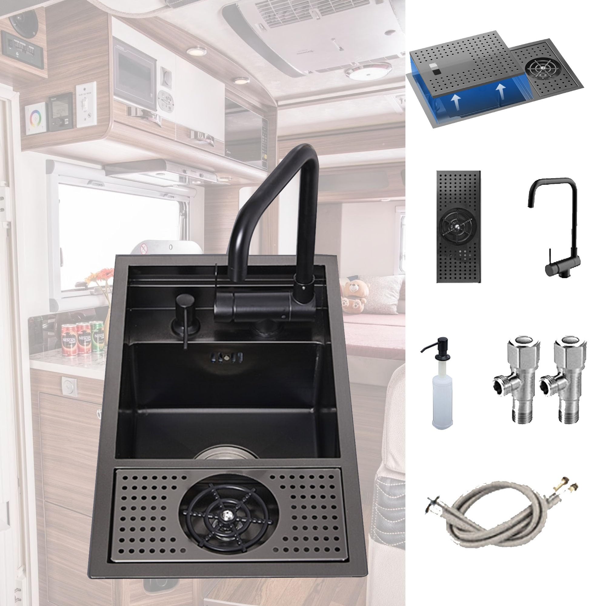 Évier cuisine inox noir compact pour petit espace et van aménagé multifonction