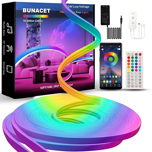 Luces LED de neón RGB+IC de 52 pies, luces LED con control remoto RF y control de aplicación, flexible IP65 impermeable al aire libre, disponible en Yaxa Costa Rica