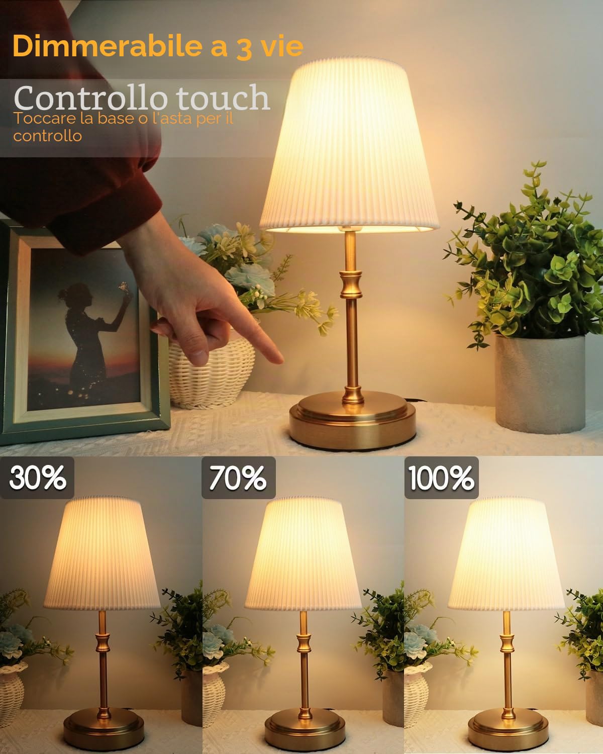 HSLighting Lampada da Comodino: 31.5cm Lampada da Tavolo Touch Dimmable Control Moderna Lampada da Tavolo a LED con Lampadine la Lettura Soggiorno Stanza dei Bambini Paralume in Tessuto per da Letto