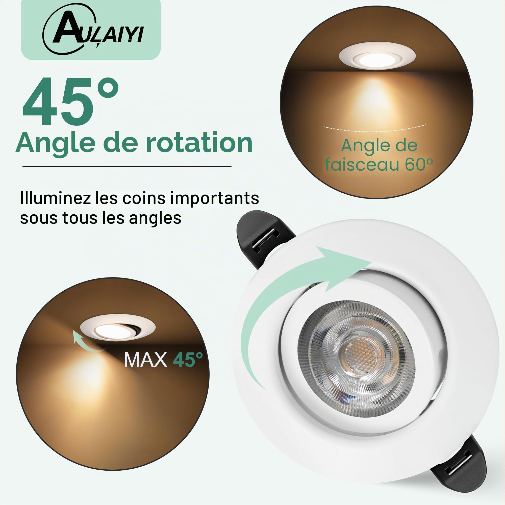 Spot LED Encastrable Dimmable 220V, 5.5W 600LM IP44 Spots LED Encastrable Extra Plat 68mm, 45° Orientable Spots de Plafond Blanc Chaud 2700K Spot Salle de Bain, Blanc Lot de 6