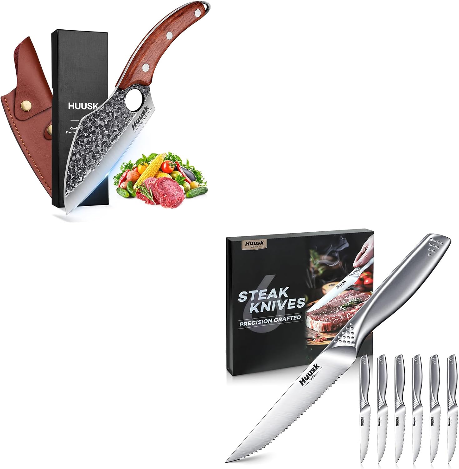 Huusk Serrated Steak Knives Set of 6 Bundle with a Butcher Knife for Meat Cutting,Japanese Stainless Steel Steak Knives Set,Sharp Safe Dinner Knife for Kitchen Table with Gift Box
