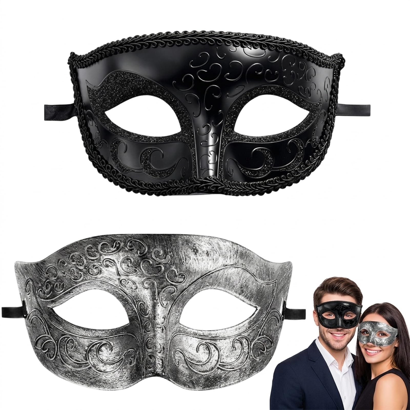 YcsRnn Masquerade Masks Men, Classic Black Masquerade Mask Set, Venetian Style Masquerade Ball Accessories, Formal Event Costume Masks, 17 x 8 cm Dimensions