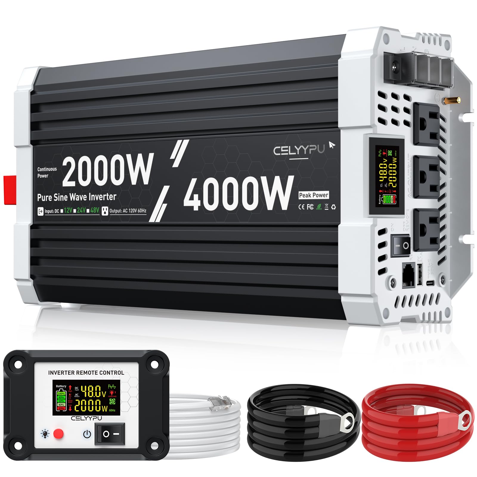 Photo 1 of 2000 watt Pure sine Wave Inverter, 48V DC to 110V AC Power Inverter, Used for Solar Emergency Power Supply in RV Homes, with 3 AC Output sockets, USB Port, Type-C Port, Remote Control with LCD Screen