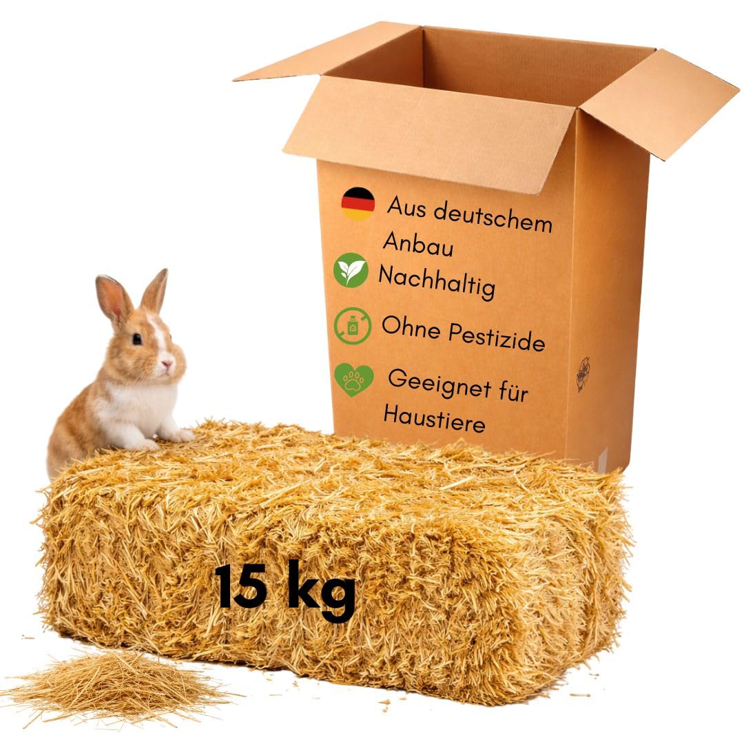15 kg Bester Qualitäts Weizen Strohballen, trockenes frisches ungespritztes Stroh, aktuelle deutsche Ernte naturbelassen für Kaninchen Meerschweinchen Hasen Futter Deko, direkt vom Bauern