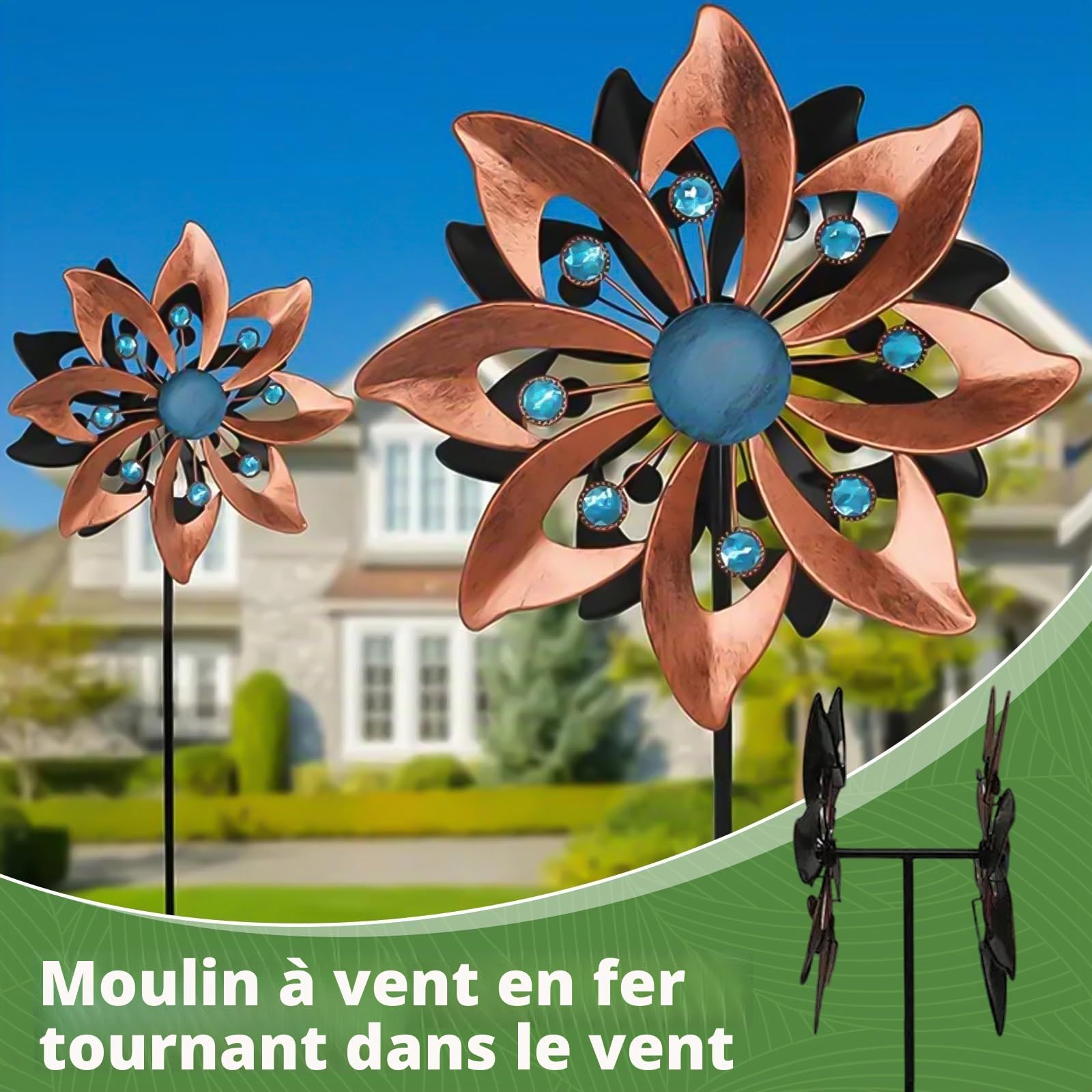 Carillon éolien de jardin - 145 cm - Couleur laiton - En métal - Moulin à vent cinétique 3D - Pour terrasse, pelouse et décoration de jardin