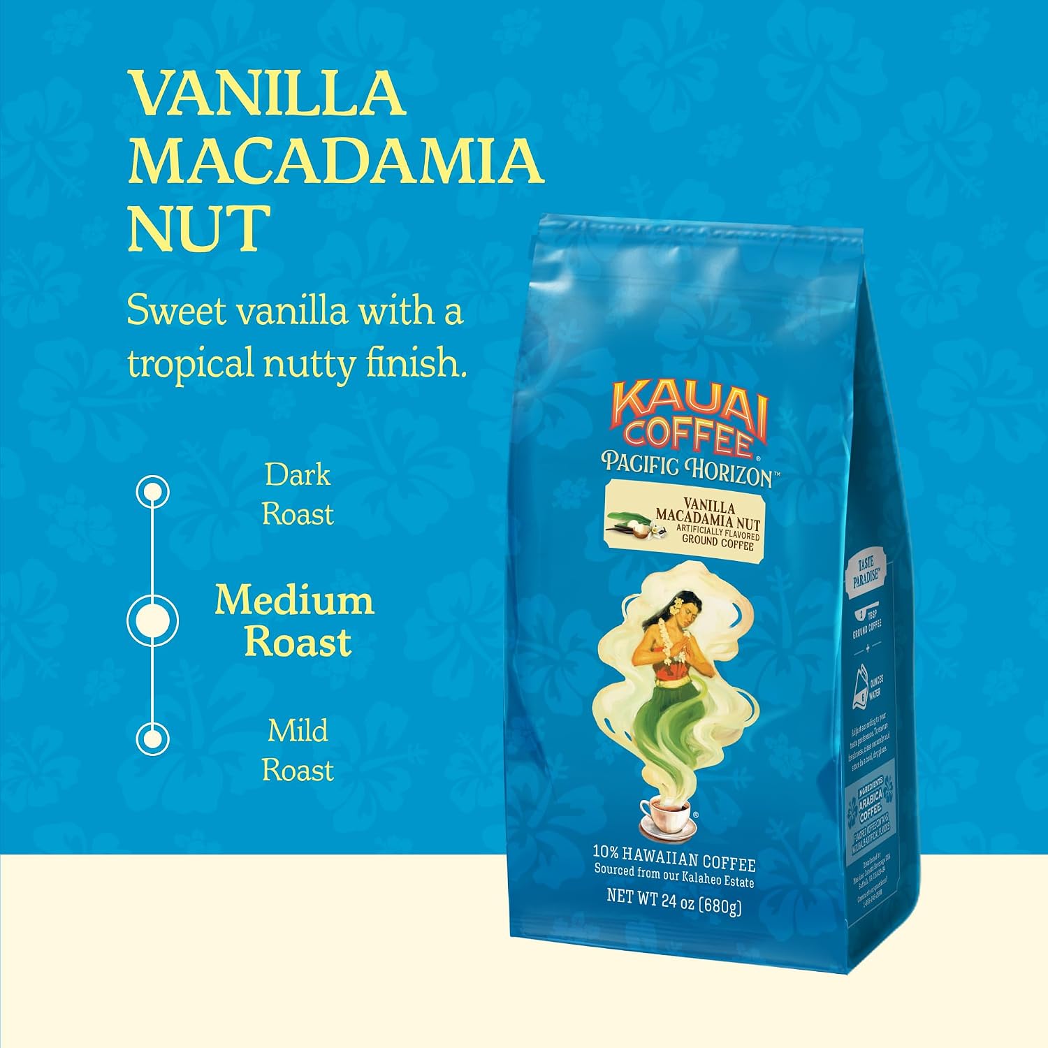 Kauai Coffee Ground Coffee – Smooth, Rich, Medium Roast – Slightly Sweet Nutty Flavor – Arabica-Coffee, 10% Hawaiian with No Bitterness – Vanilla Macadamia Nut, 24oz (Pack of 2)