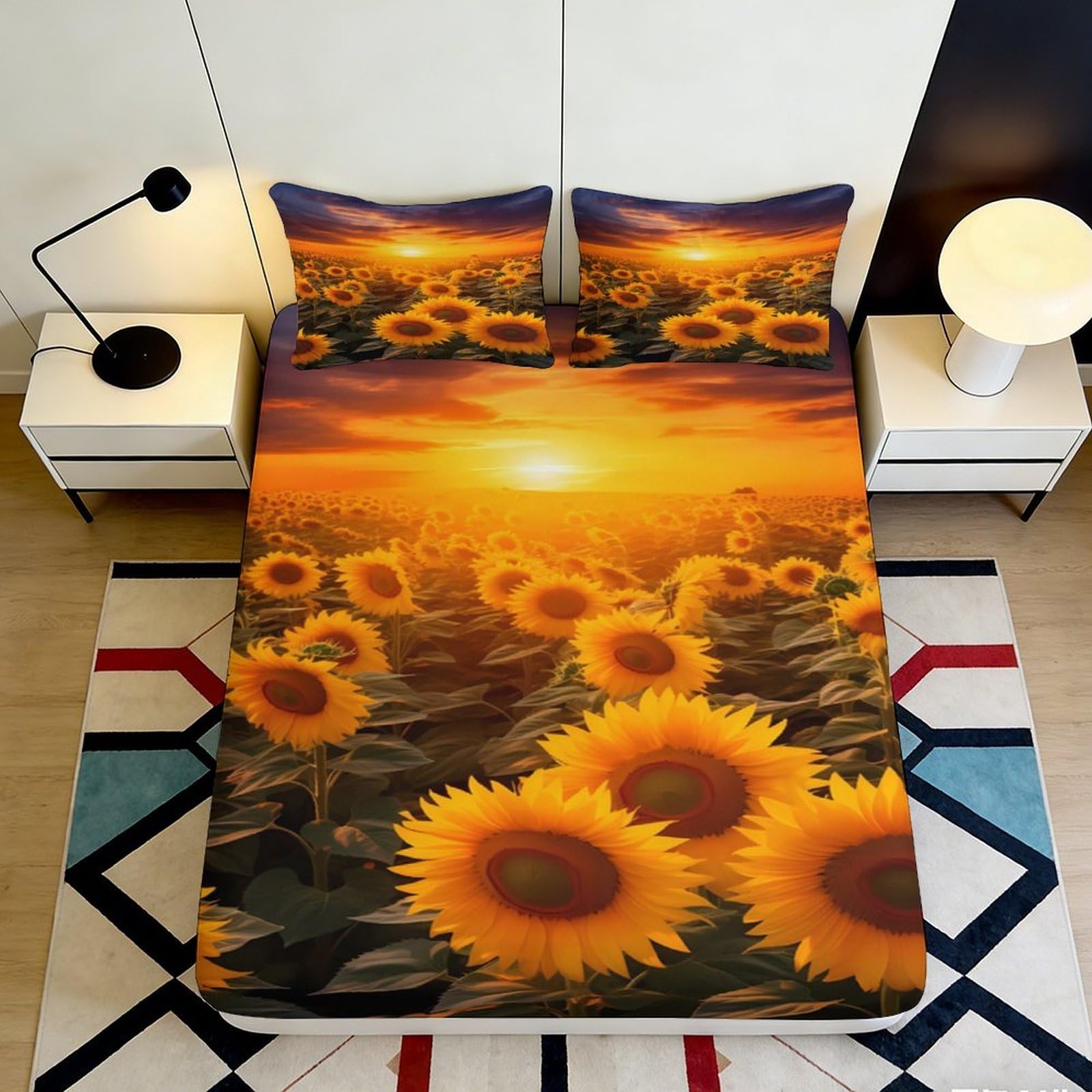 3D Printed Sunflower Field Fitted Sheet Microfiber Soft Breathable Sunset Bed Cover for Bedroom Dormitory Guest Room Mattress Protection Decor 120x200x25cm