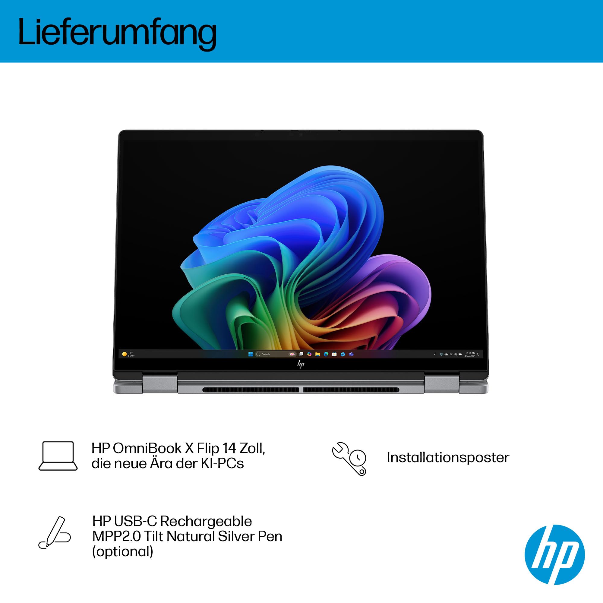 HP OmniBook X Flip 2-in-1 Laptop 14" 2K Touchscreen AMD Ryzen AI 7 16GB RAM 512GB Win11 Silber