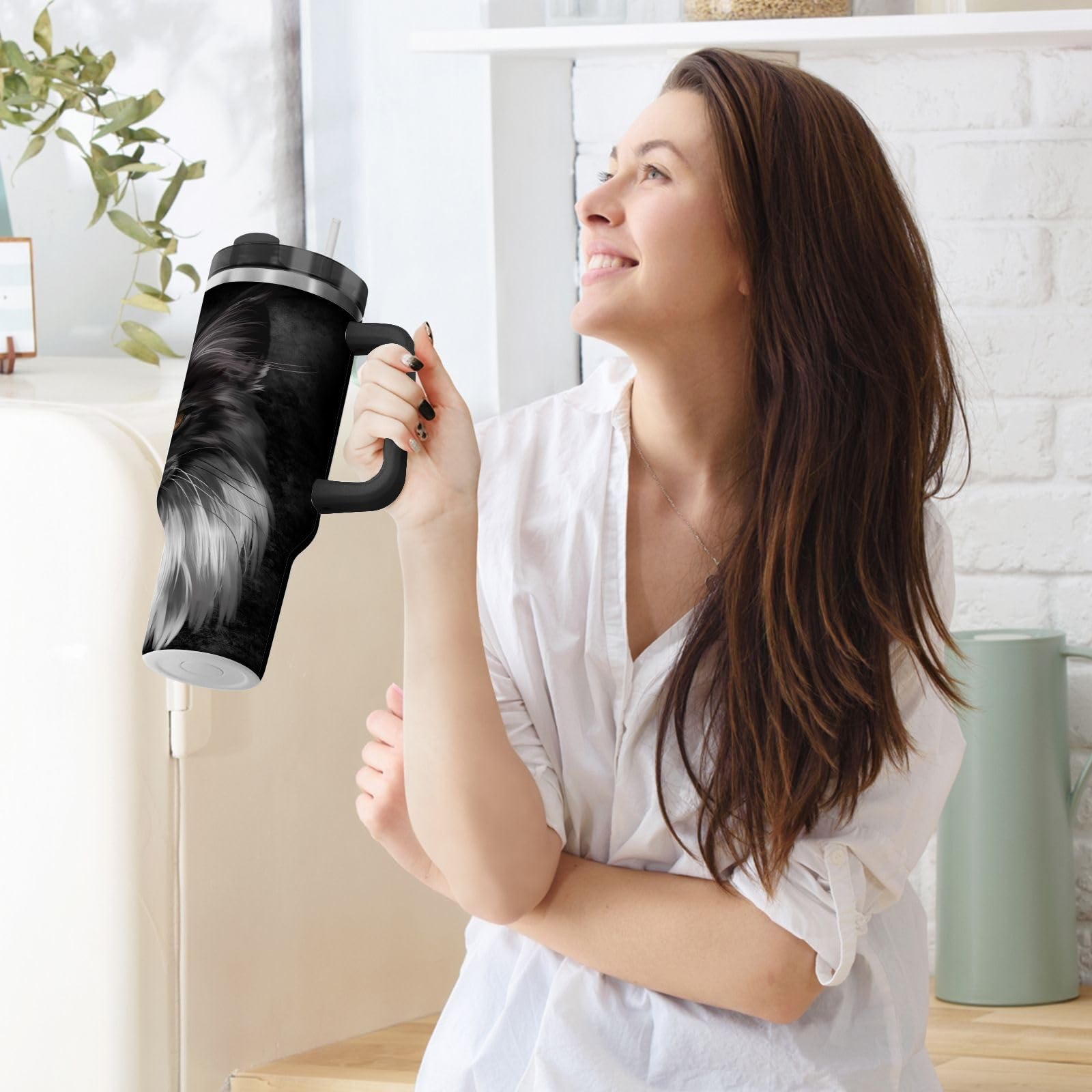 Isolierter Trinkbecher, schwarz, Maine Coon Katze, doppelwandig, Edelstahl, Wasserflasche, Kaffeetasse, Reisebecher mit Griff, Strohhalm-Deckel