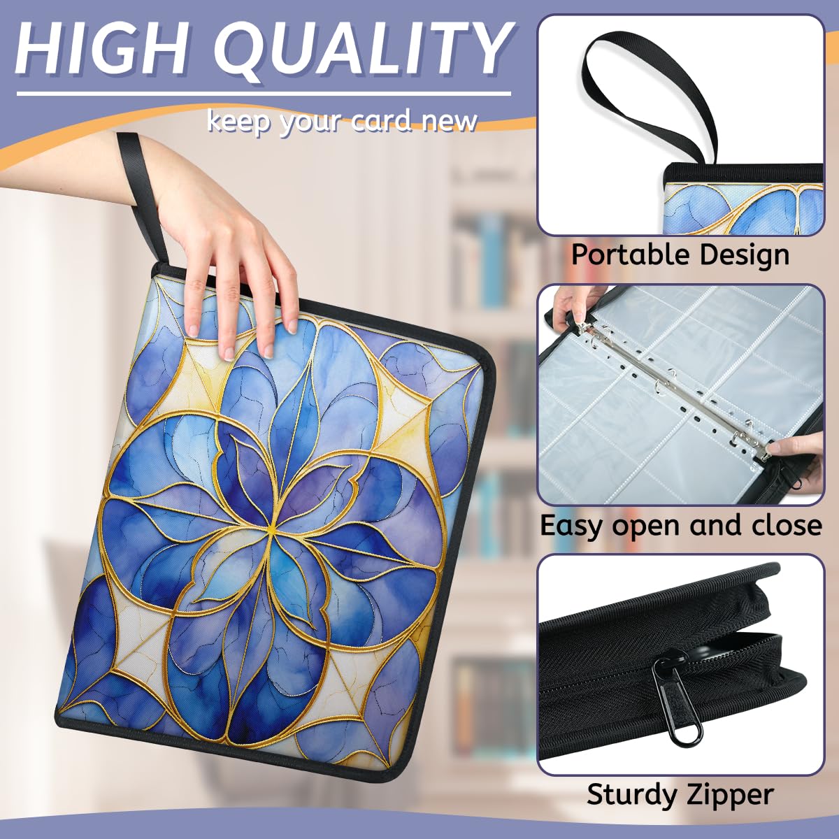 Raccoglitore per carte con 9 tasche, 900 tasche, con chiusura a cerniera (stampa viola oro marmo)
