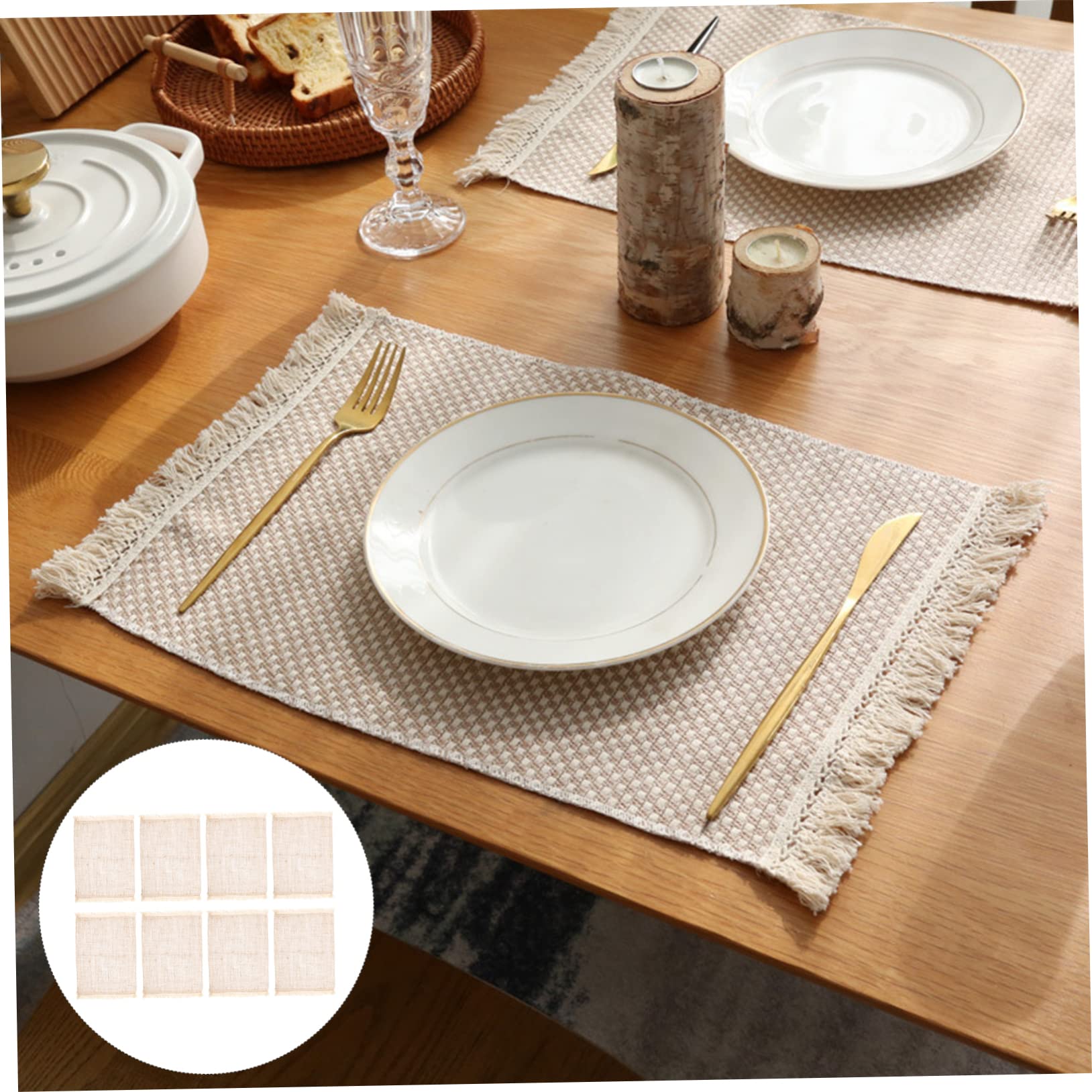 Set de Table en Jute à Franges, 8 Pièces, Coton et Lin, Style Rustique, Pratique pour Maison, Présent de Pendaison de Crémaillère