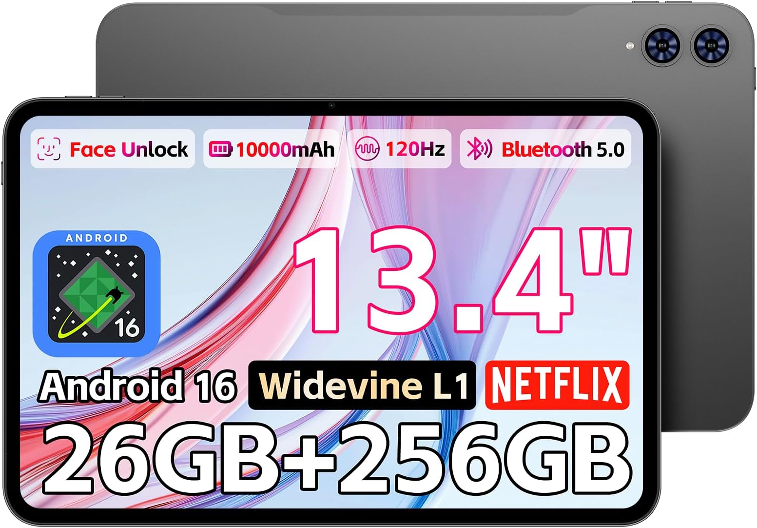T65 Tablet 13.4 Inch, Android 16 Tablet, 26GB RAM 256GB ROM(TF 4TB), 10000mAh, 120Hz, 2.2GHz gaming Tablet, 4G LTE Dual SIM,1920x1200 IPS, Quad-Core Large Tablet, 5+13MP, GPS, Widevine L1