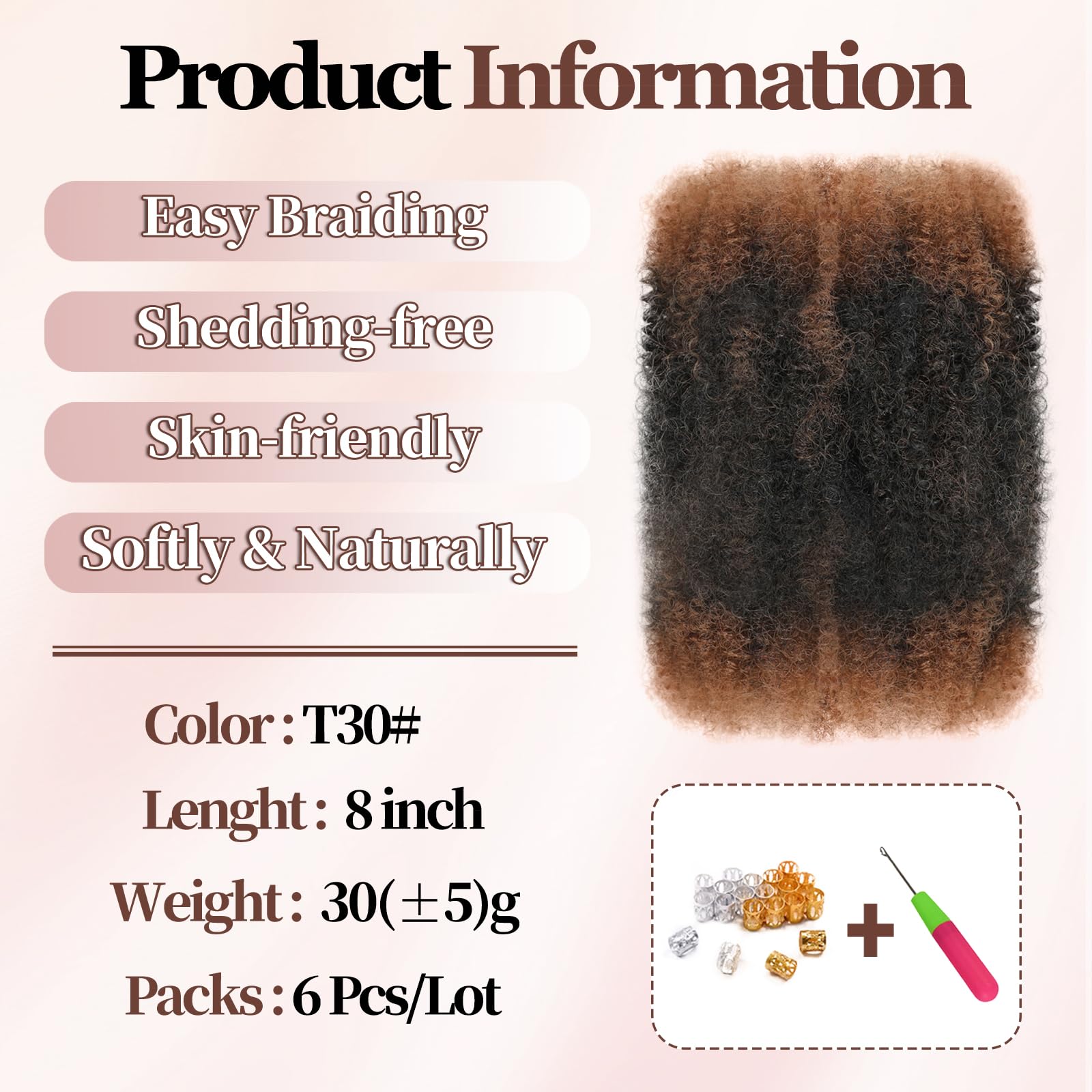 Afro Kinky Curly Bulkowe włosy do warkoczyków dla mini twistów Afro Kinkys Bulkowe syntetyczne włosy Cuban Twist Hair Soft Locs Micro Spring Twist do naprawy loców (T30#, 20,3 cm (opakowanie