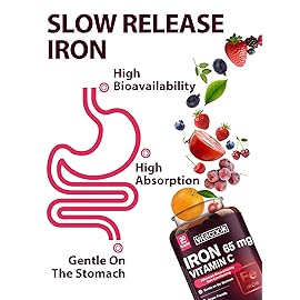 Iron Supplement for Women Men, High Potency Iron 65mg with Vitamin C 250mg, Slow Release Stomach Friendly Iron Pills, Non-GMO, No Gluten, 30 Vegan Tablets