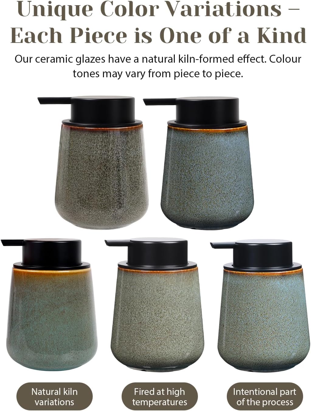 INGOFIN Ceramic Lotion Dispenser - 12 oz Refillable Hand Soap Dispenser Bathroom, Modern Liquid Dispenser with Pump, Dish Soap Dispenser for Kitchen,Kiln-Glazed Blue Green - Image 3