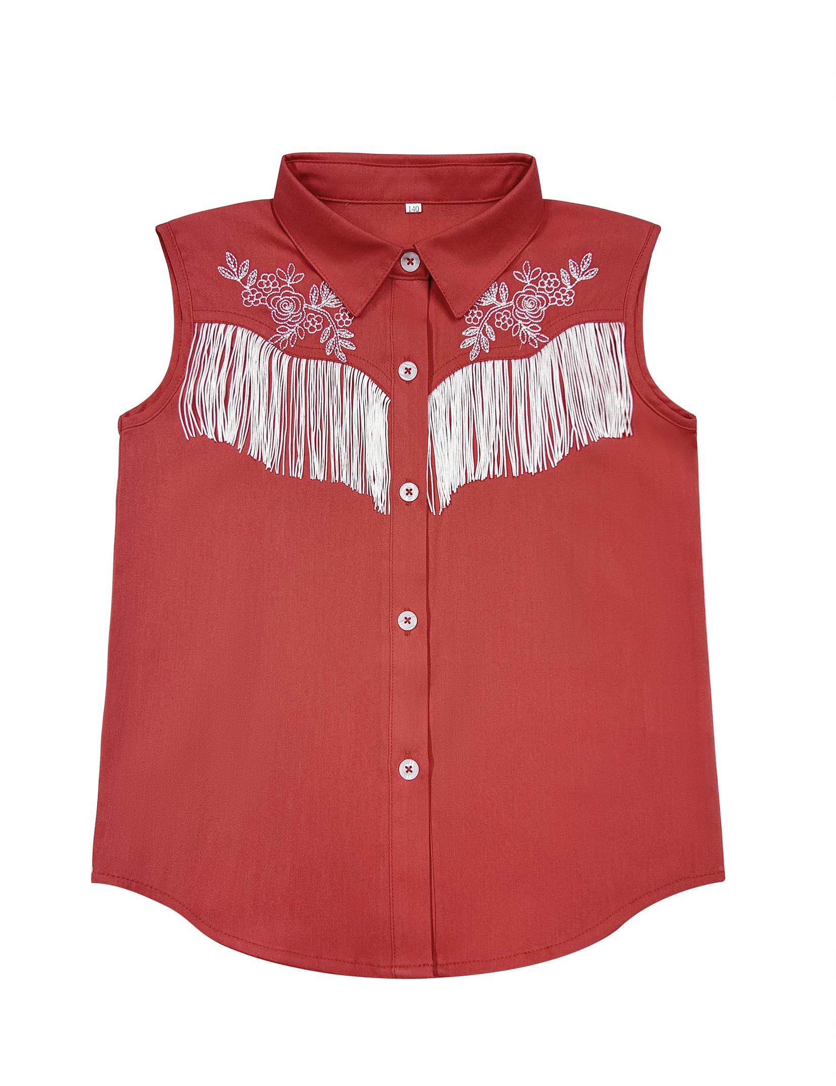 Girls Fringe Shirt Sleeveless Button Down Western Cowgirl Tassel Trim Casual Blouse Shirt Top 4-13Y