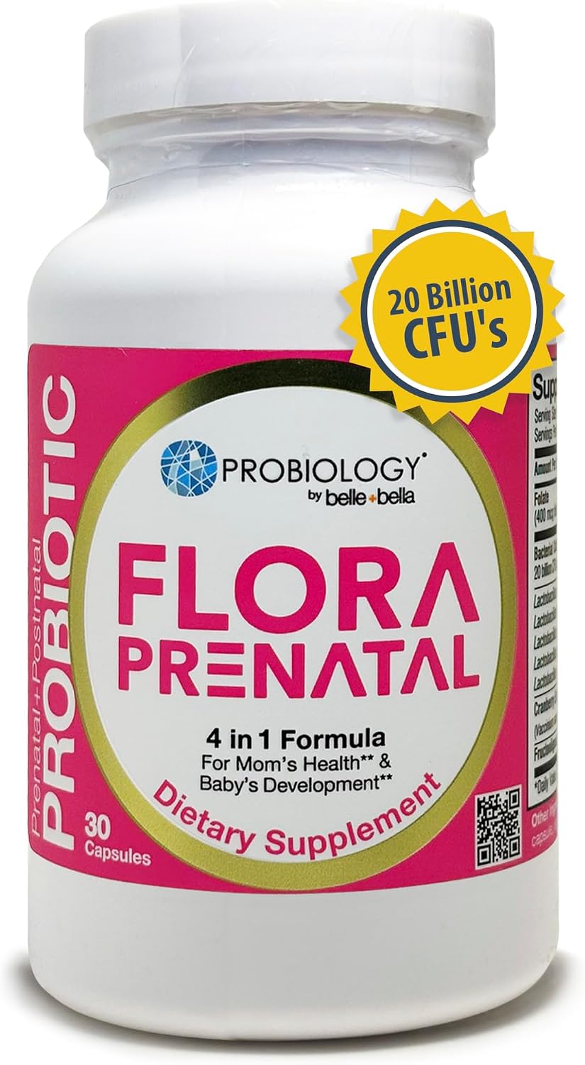 belle+bella Probiology Flora Prenatal Capsules - Dual Action Probiotic & Prebiotic Supplement with Folic Acid for Prenatal & Postnatal Women - Non-GMO, Vegan & Gluten Free - 30 Caps