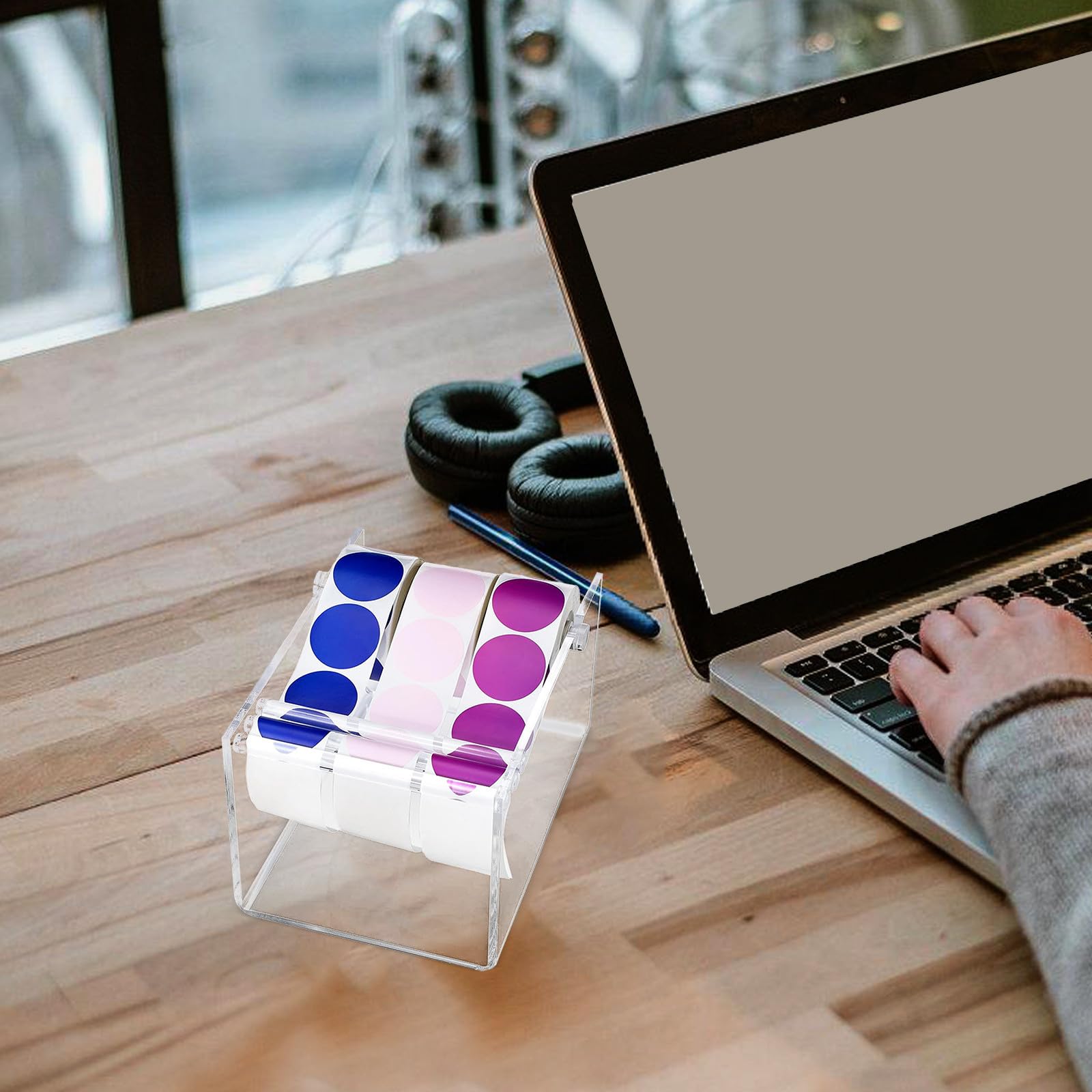 Nachfüllbarer Klebebandrollen Organizer mit Verstellbarem Etikettenspender und Acrylgehäuse Geeignet für Büro und Werkstatt mit Spannungsregelung für Aufkleberrollen