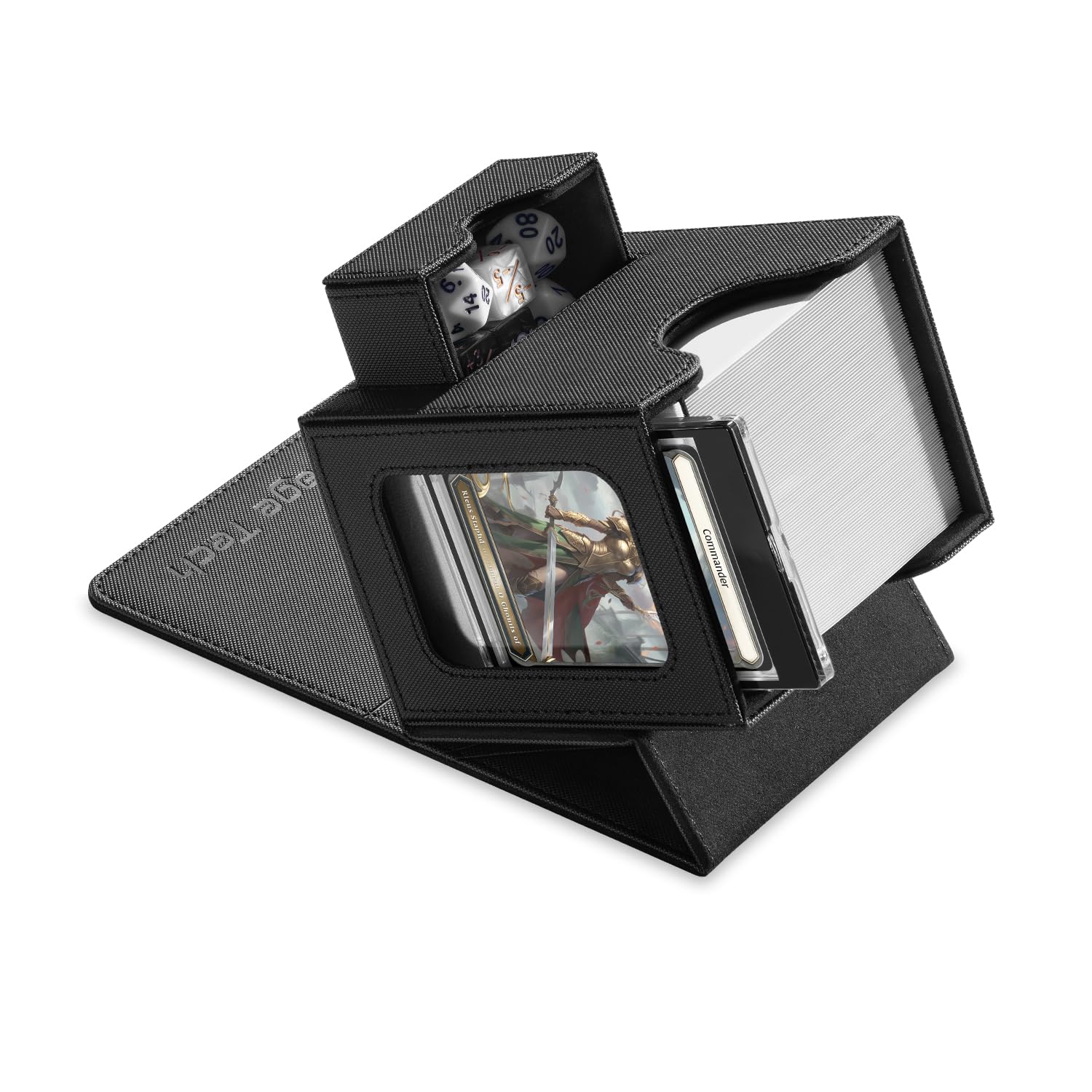 Mage Tech 8. Justice Card Deck Box For Mtg Commander - Patented Design, Commander Display, Fits 100 Double-Sleeved Cards, 35Pt Card Brick & Dice Tray - Justice Black