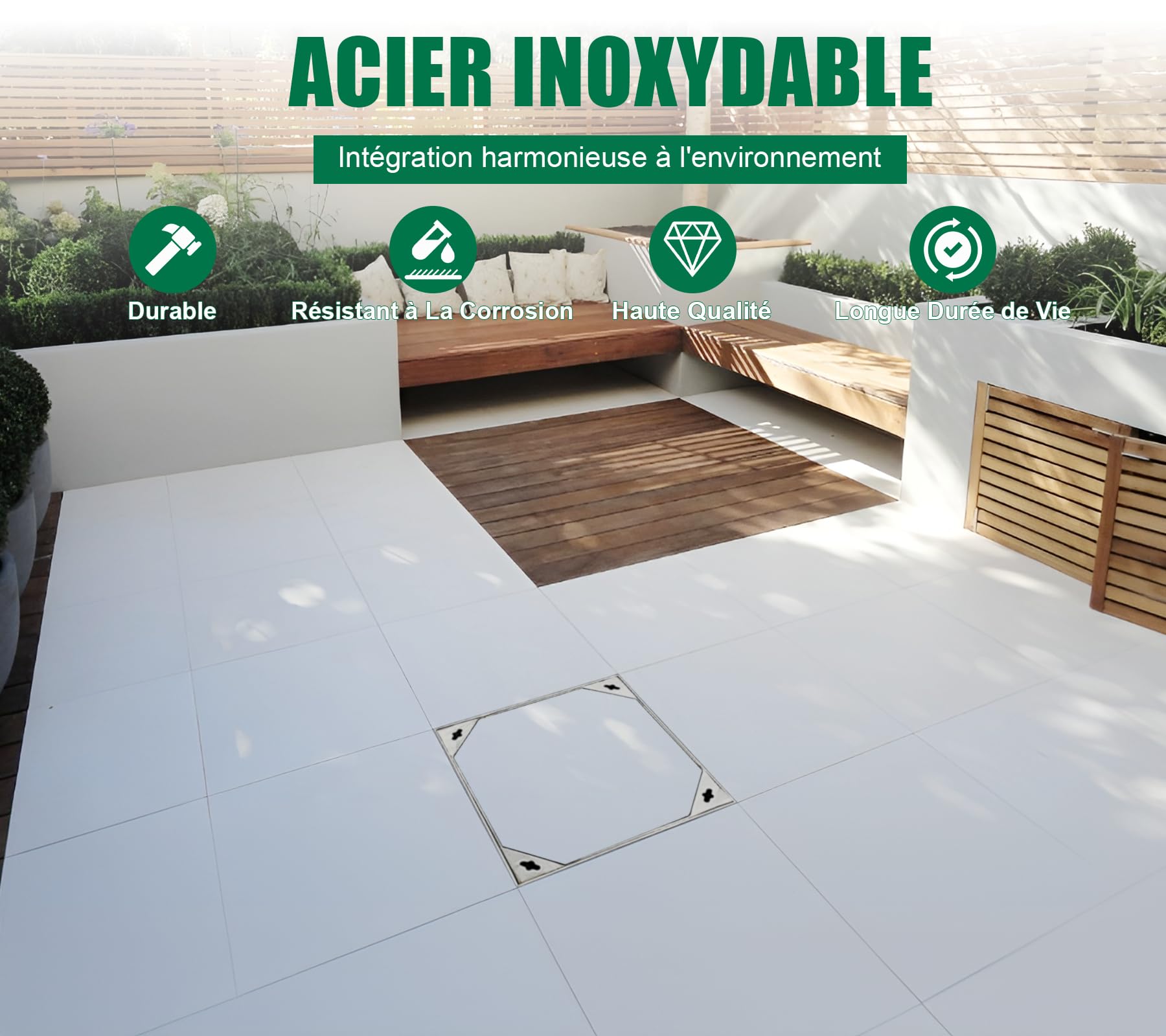 Couvercle de regard encastré en acier inoxydable-Passage:235x235mm-A15 Couvercle à carreler encastré en acier inoxydable-Pour intérieur & extérieur-Encombrement 300x300mm