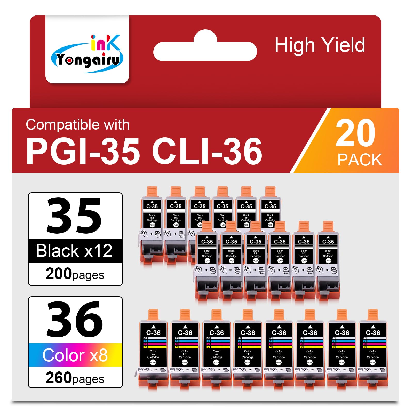 PGI-35 CLI-36 Cartucce di ricambio per Canon PGI 35 CLI 36 PGI35 CLI36 per CAN IP100 IP110 IP110WB IP100WB Mini260 Mini320 TR150 TR160 (12 nero, 8 colori)