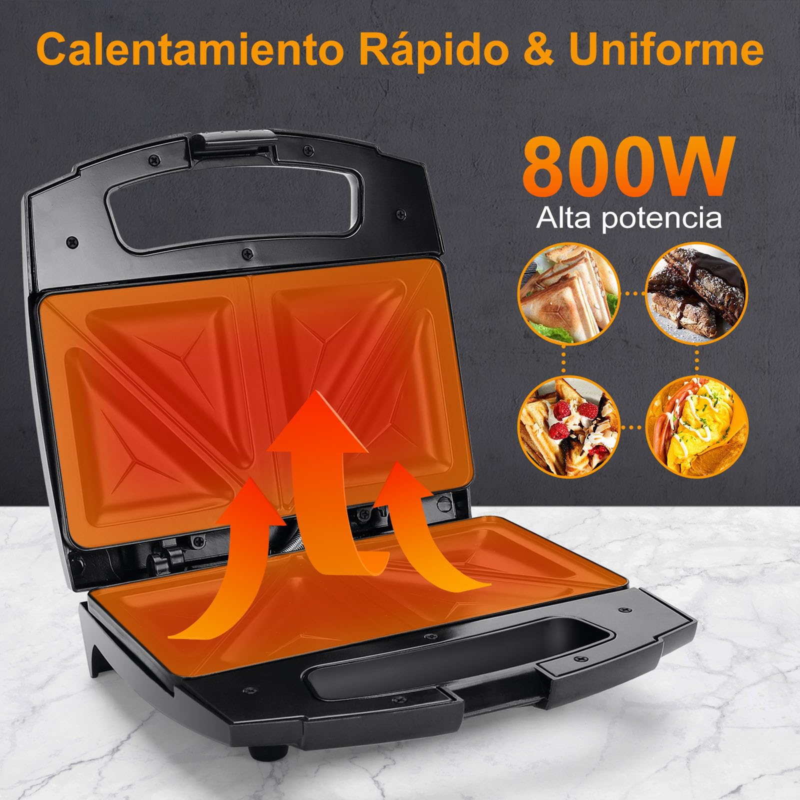 Aigostar Lamo - Sandwichera, 800W, Revestimiento Antiadherente, Libre de BPA, Placas con Forma Triangular, Indicador LED, Asa de Tacto Frío, Almacenamiento Vertical, Color Acero y Negro