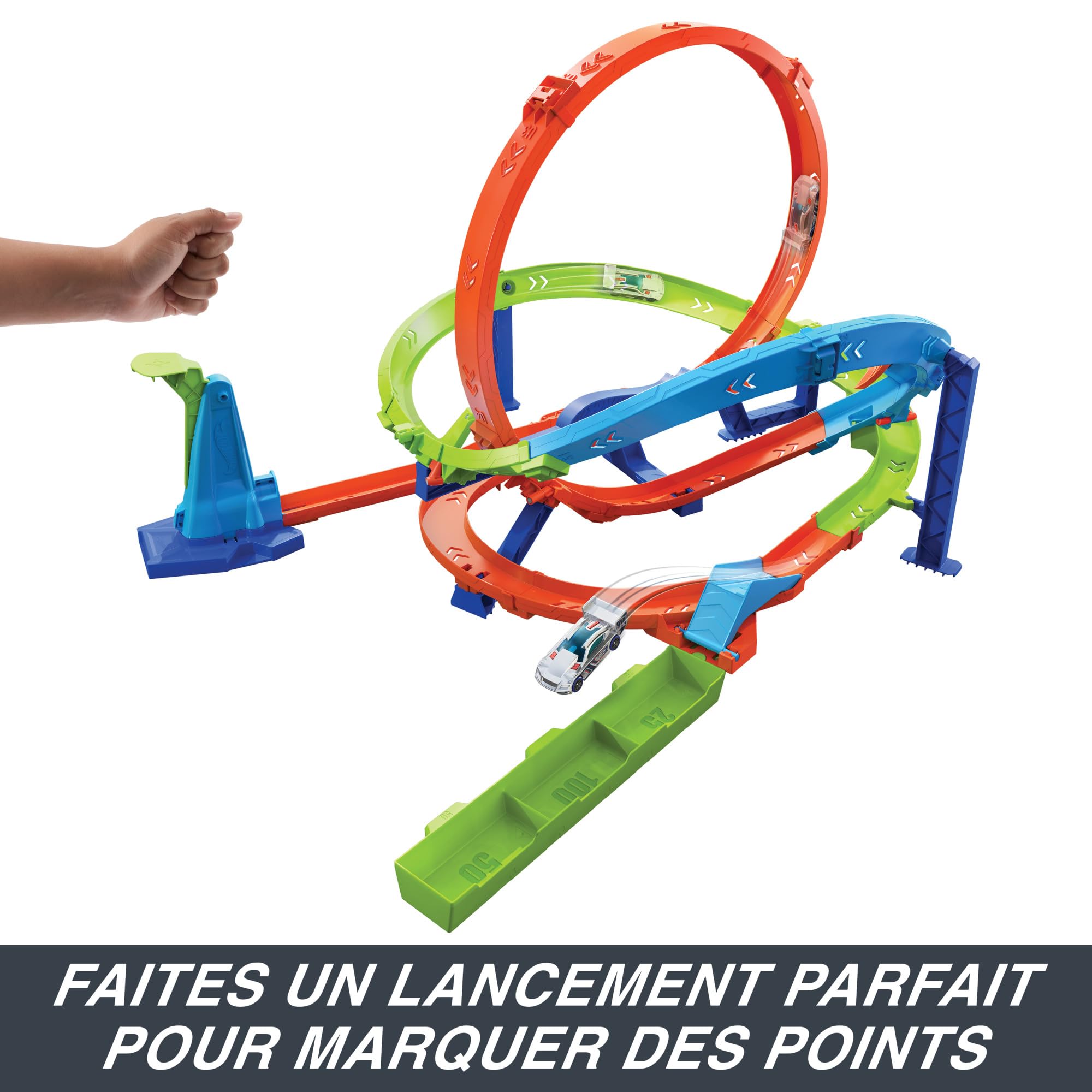 Hot Wheels Let’s Race Netflix - Coffret Circuit Loop Cyclone Challenge Gamme Action Avec Voiture, Échelle 1/64, 2 Modes De Jeu, Rangement Facile, Poignée De Transport, A Partir De 4 Ans, HXM94