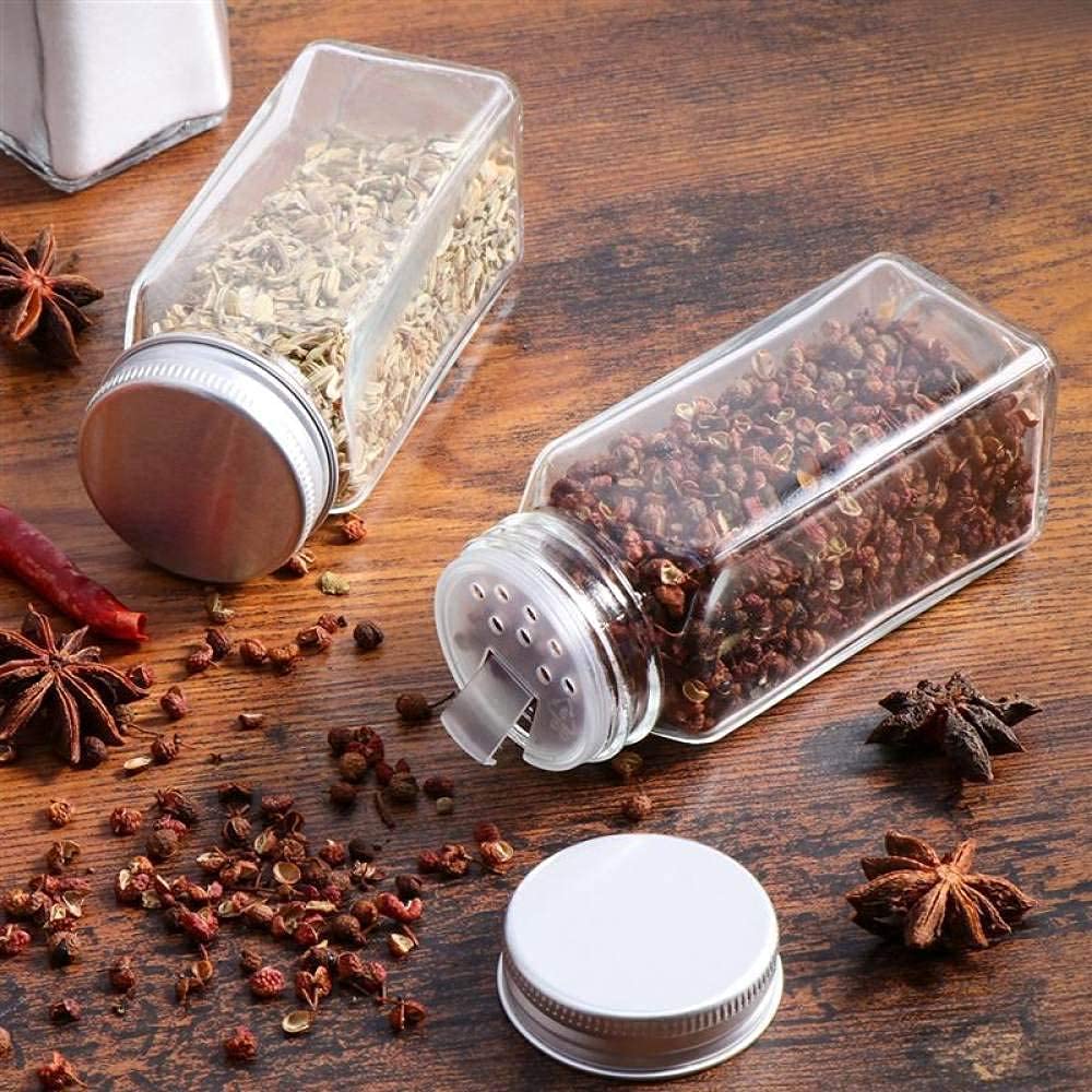 Lot de 12 Bocaux à épices - Récipients en Verre Carrés En Verre Bocaux Epices Avec Etiquettes capacité 120 ml Dessus D'insert Shaker et Entonnoir Bocal Epices Set Epices Cuisine Rangement