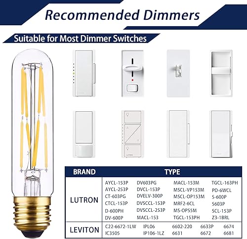 Miniatura 3 de CREATE BRIGHT Bombillas LED de candelabro T10 Tubular Edison Bombilla LED de filamento 8 W E26 luz blanca diurna 5000 K, vidrio transparente, 960