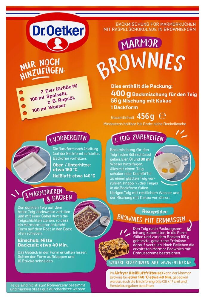 Dr. Oetker Brownies Marmor, 8 x 450 g, Backmischung für marmorierten Rührteig, zum Zubereiten von 16 individuell marmorierten Brownies, inkl. praktischer Backform