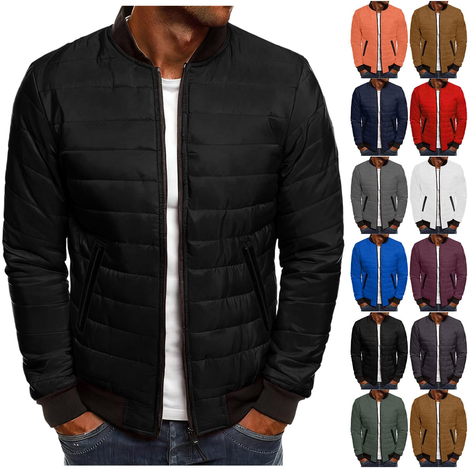 Quilted Puffer Jacket Men Lightweight Full Zip Down Coat Warm Fall Winter Puffy Bomber Jackets Outwear with Pockets