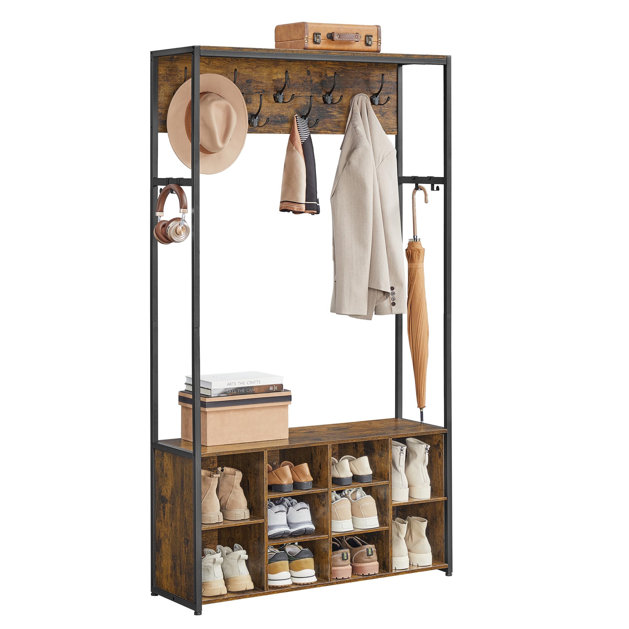 VASAGLE Kleiderständer, Garderobe, Eingangsmöbel mit Schuhregal, offene Fächer, Kleiderhaken, verstellbare Ablagen, Industrie-Stil, für Flur, Eingangsbereich, vintagebraun-tintenschwarz HSR432K01