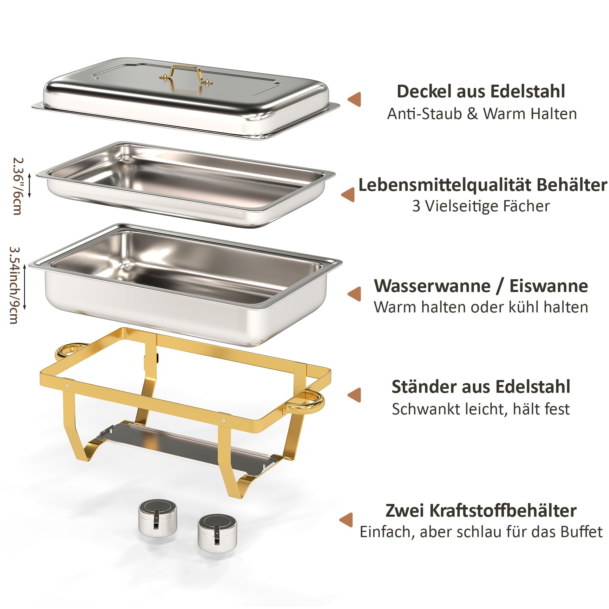 4 Stück Rechteckig Chafing Dish 9QT Edelstahl Warmhaltebehälter | Bain-Marie Heizung, 7 Pfannen, Komplettes Set mit Utensilien, Faltbarer Ständer, Stapelbare, für Kreise, Hochzeit, Catering